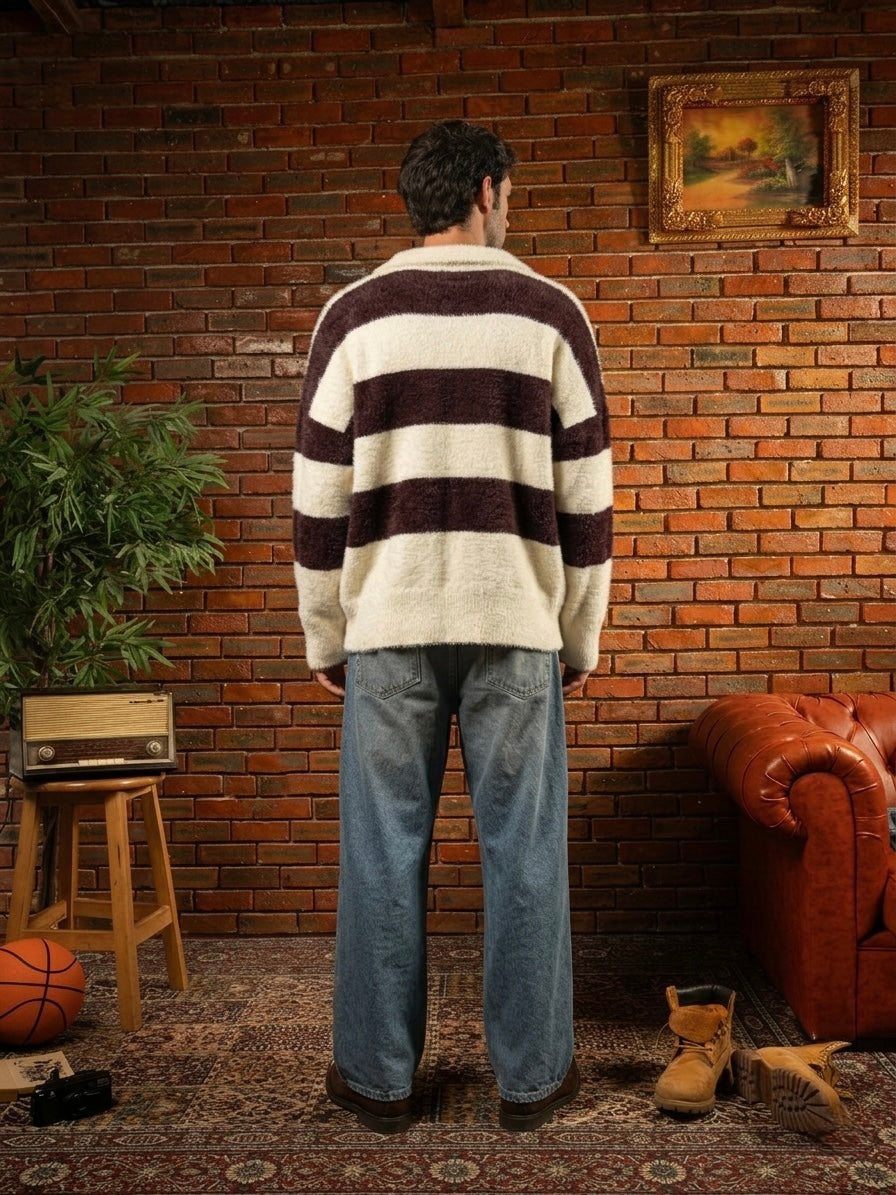 Bucks' Script Faux-Fleece Block Stripe Polo Sweater in Brown & Cream