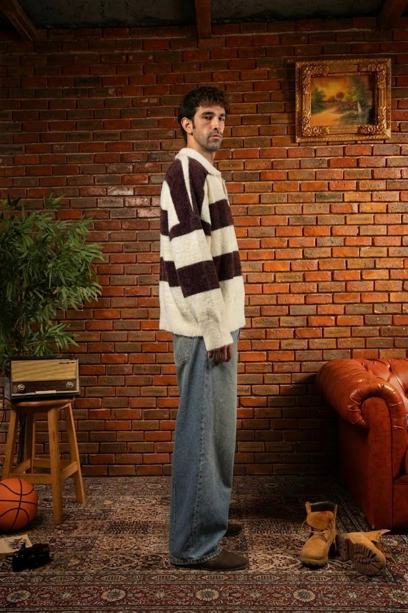 Bucks' Script Faux-Fleece Block Stripe Polo Sweater in Brown & Cream