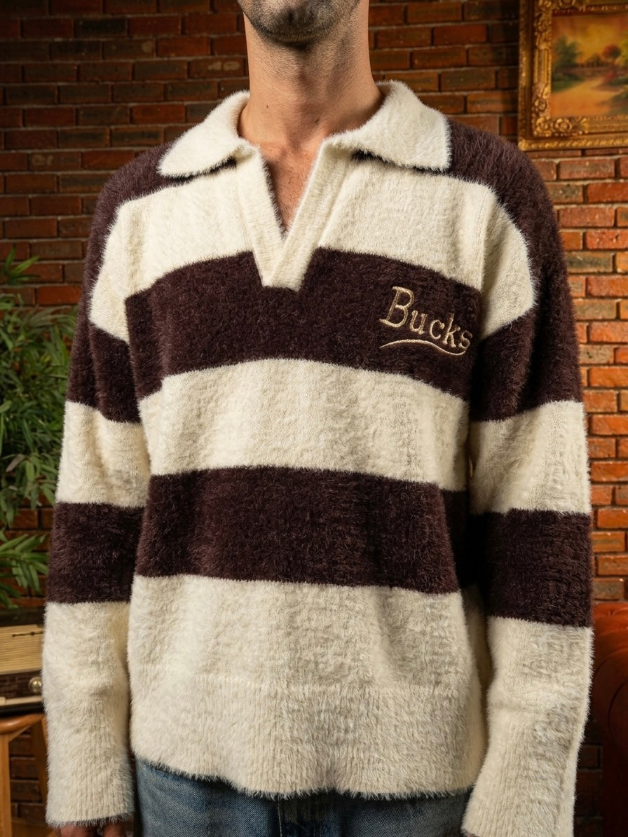 Bucks' Script Faux-Fleece Block Stripe Polo Sweater in Brown & Cream