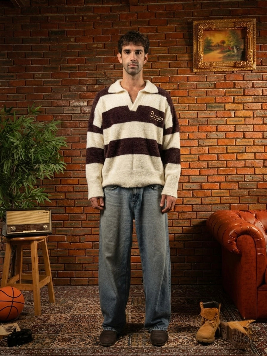 Bucks' Script Faux-Fleece Block Stripe Polo Sweater in Brown & Cream