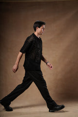 Textured Openwork Knit Polo.