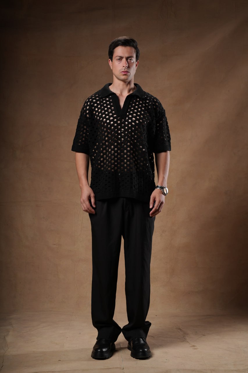 Textured Openwork Knit Polo.