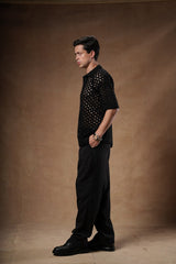 Textured Openwork Knit Polo.