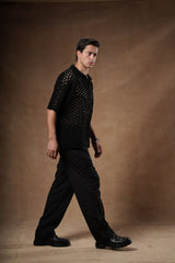 Textured Openwork Knit Polo.
