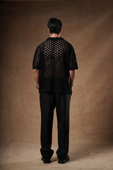 Textured Openwork Knit Polo.