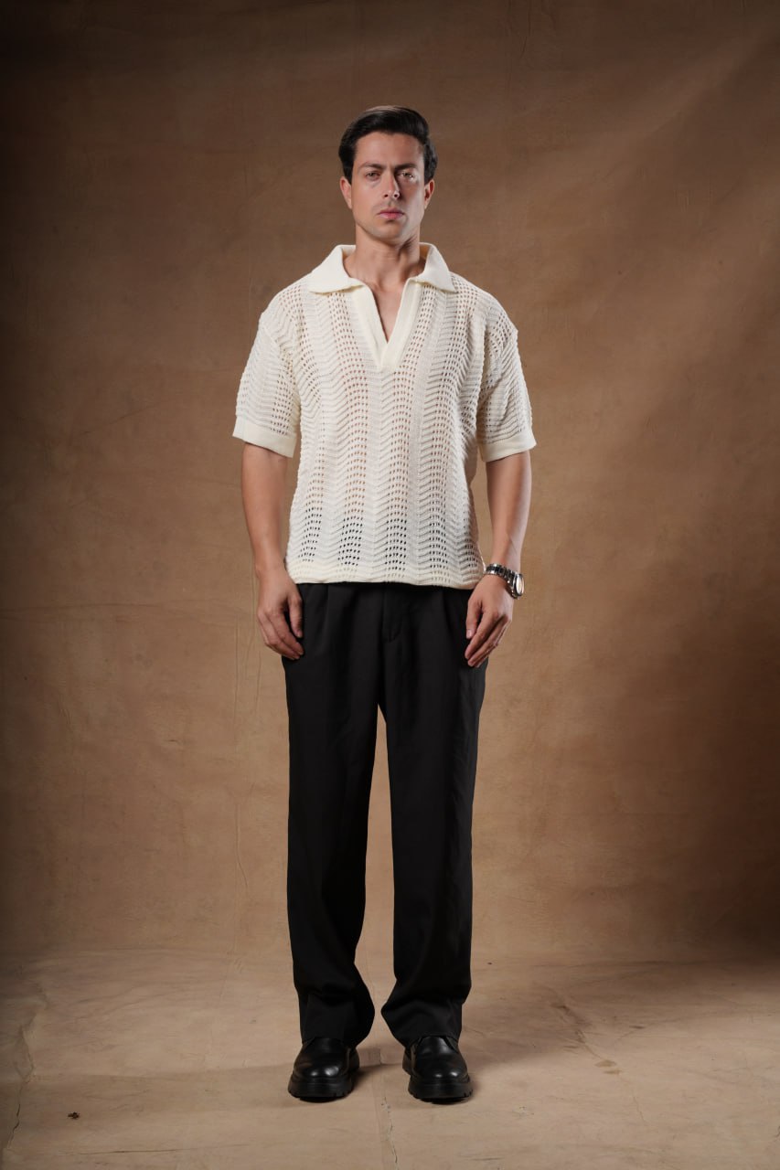 Loose Fit Pointelle Knit Polo Shirt.