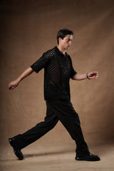 Textured Openwork Knit Polo.