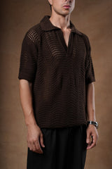 Loose Fit Pointelle Knit Polo Shirt.