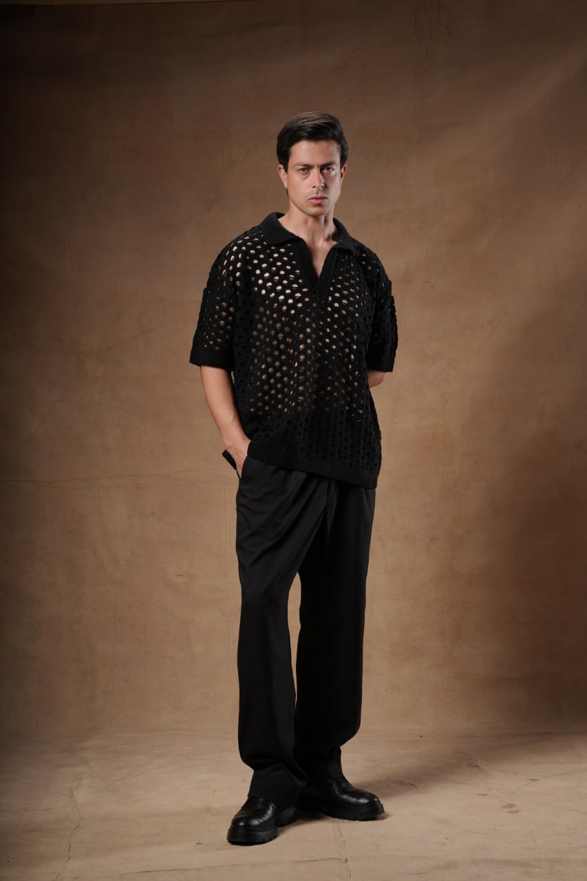 Textured Openwork Knit Polo.