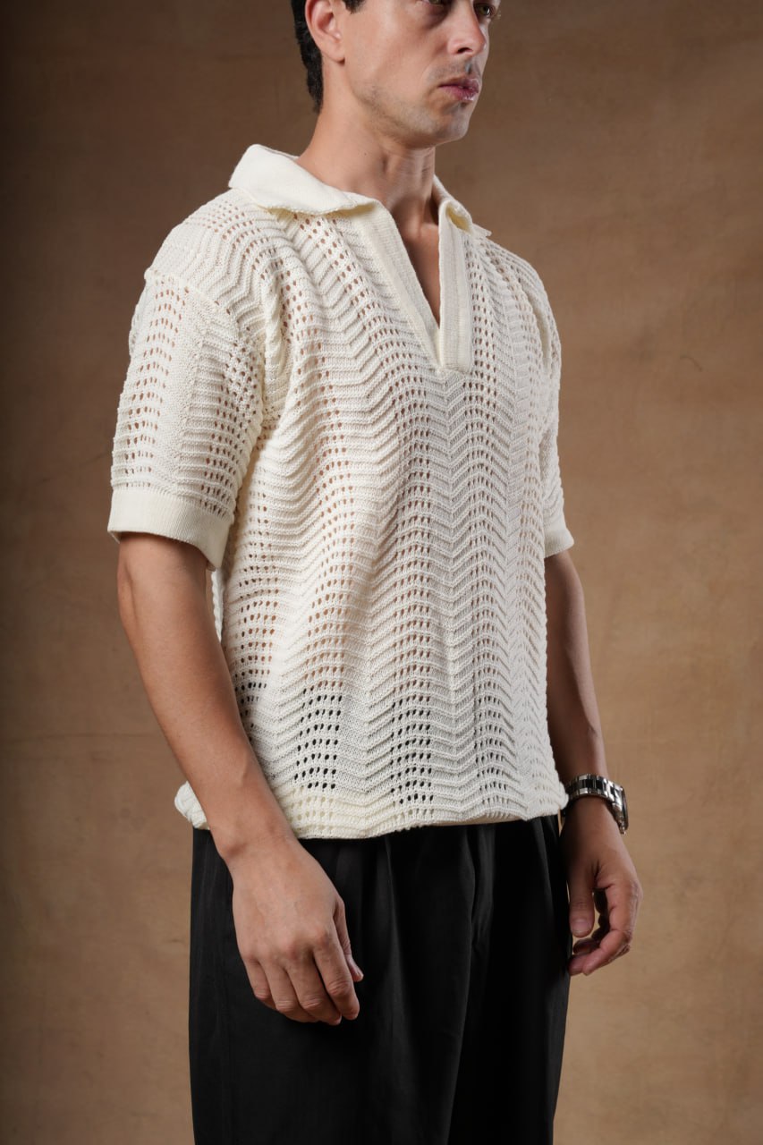 Loose Fit Pointelle Knit Polo Shirt.
