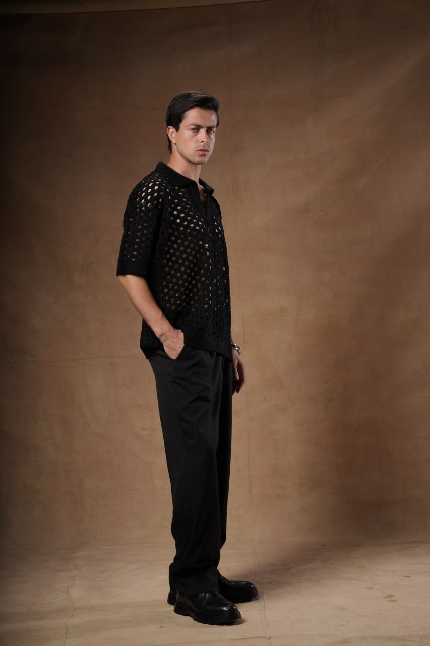 Textured Openwork Knit Polo.