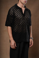 Textured Openwork Knit Polo.