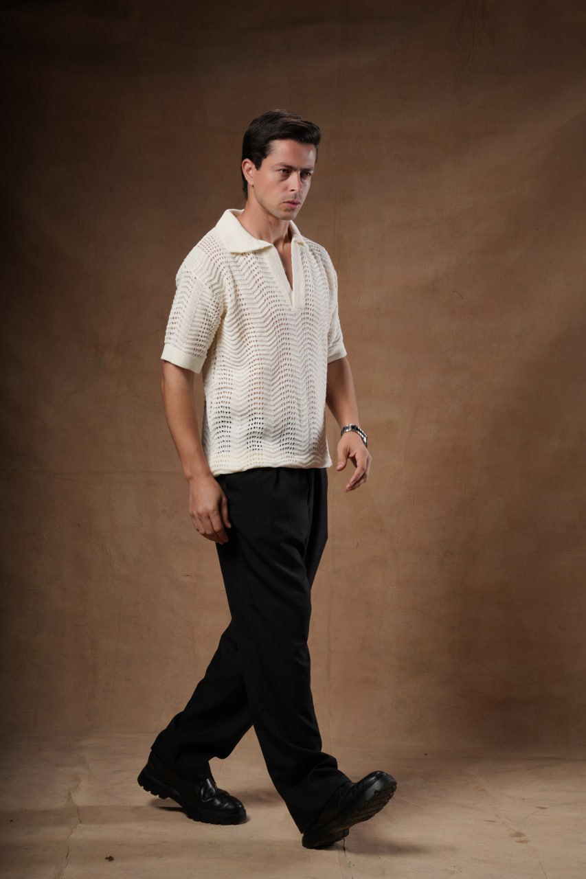 Loose Fit Pointelle Knit Polo Shirt.