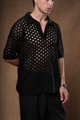 Textured Openwork Knit Polo.