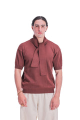 Scarf-Collar Short Sleeve Knit